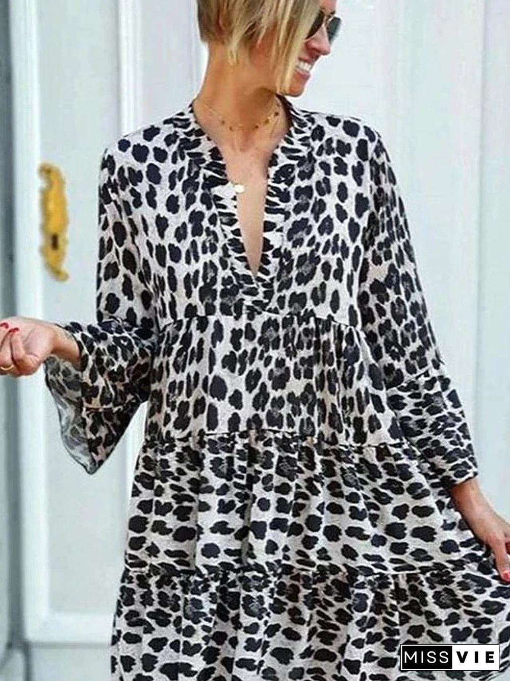 Women's Swing Dress Maxi long Dress 3/4 Length Sleeve Print Print Spring Summer Casual vacation dresses Flare Cuff Sleeve White Black S M L XL XXL 3XL