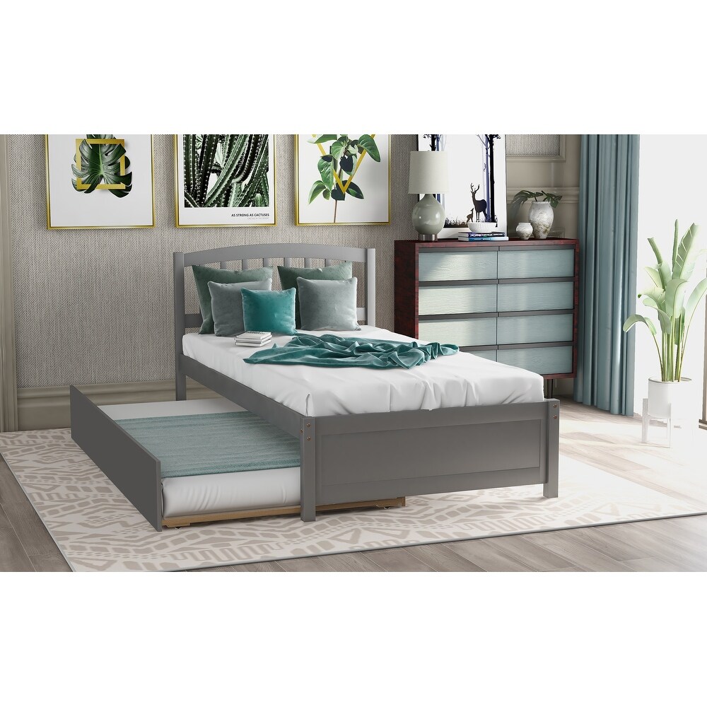 Nestfair Twin Size Platform Bed Wood Bed Frame with Trundle