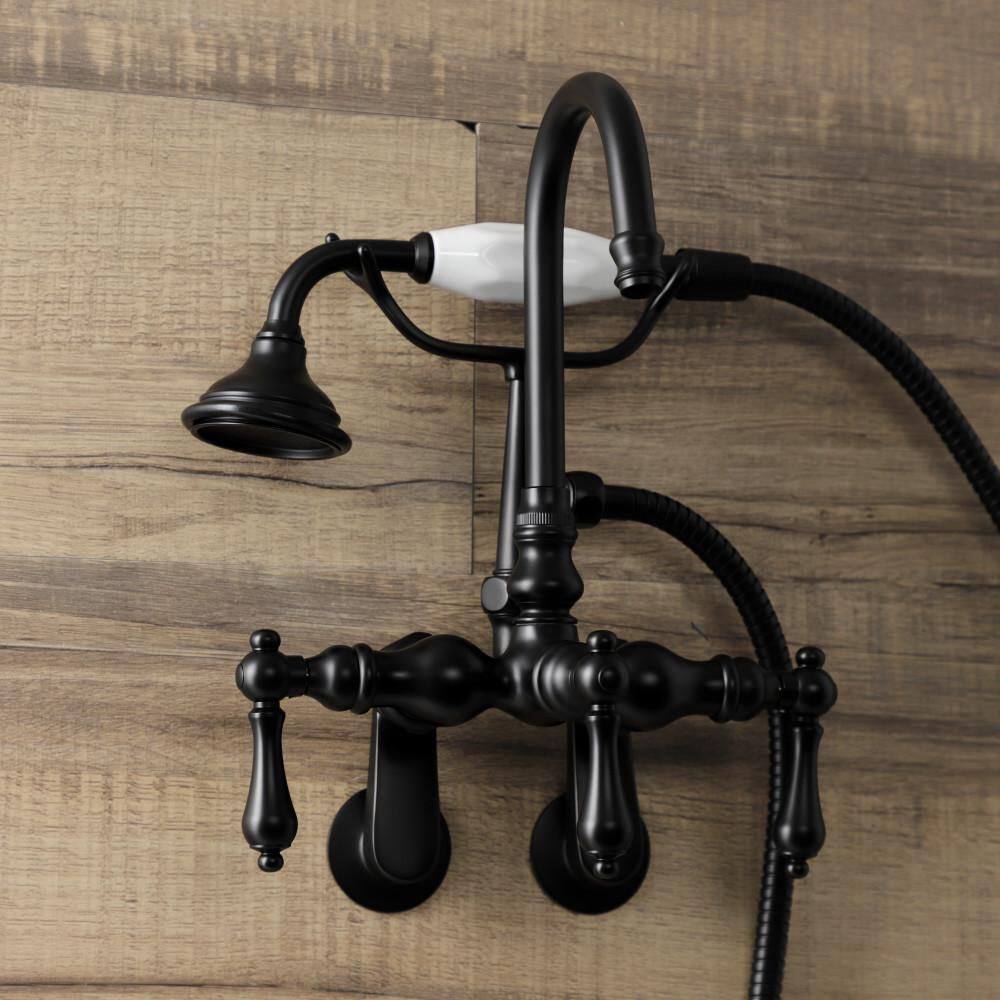 Kingston Brass Aqua Vintage 3-Handle Wall-Mount Clawfoot Tub Faucets with Hand Shower in Matte Black HAE301T0