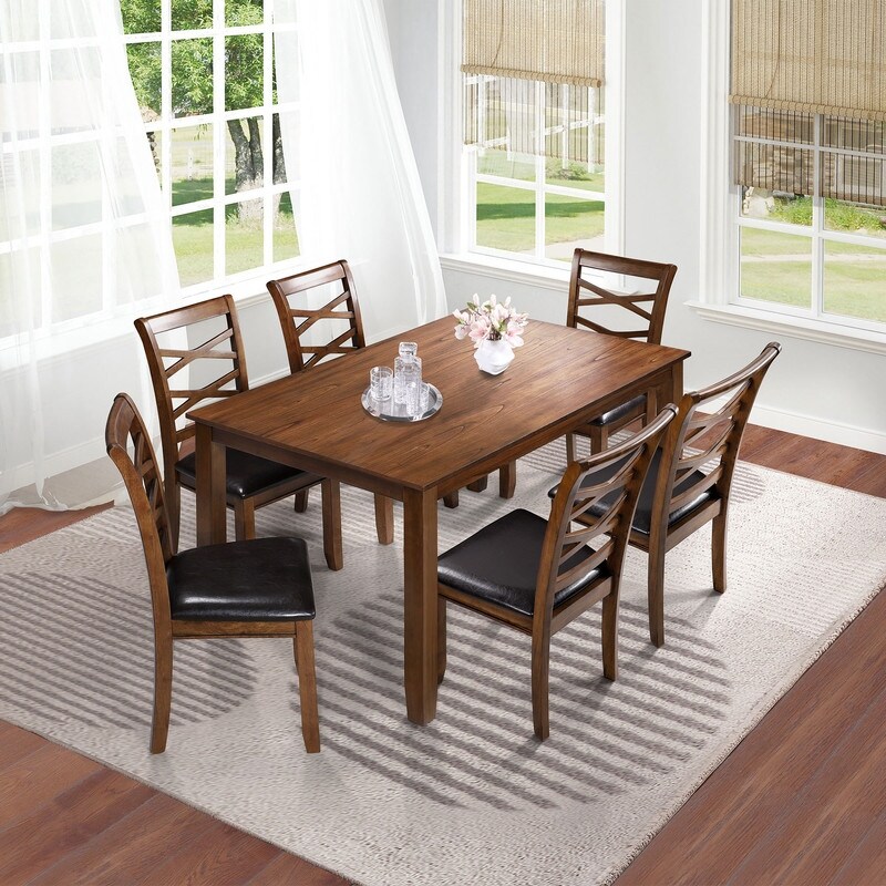 Classic Farmhouse Solid Wood/ Faux Leather 7 piece Rectangle Dining Set