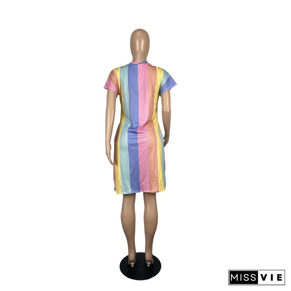 Fashion Women Summer Sexy Short Sleeve O Neck Loose Rainbow Striped Print Oversized T Shirt Midi Dress