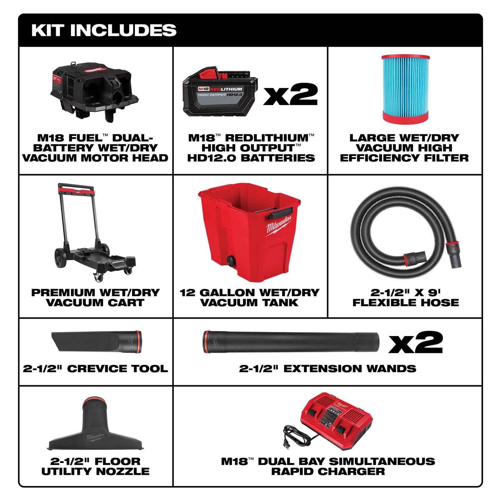 Milwaukee Tool 0930-22HD Milwaukee M18 FUEL Dual-Battery 12-Gallon Wet/Dry Vacuums