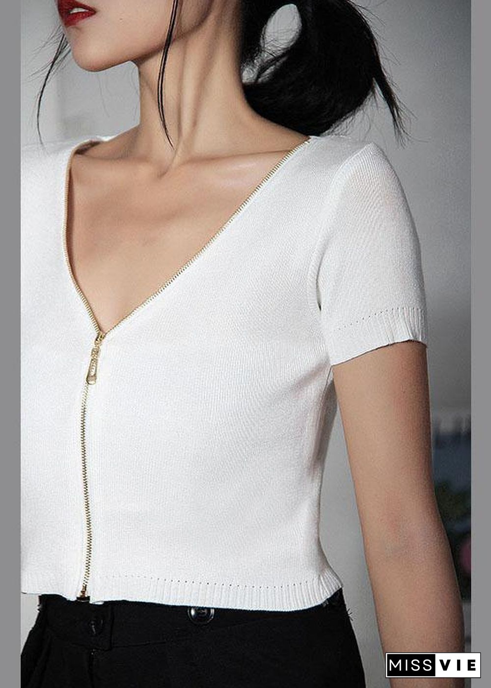 Modern White zippered V Neck Shirt Tops Summer