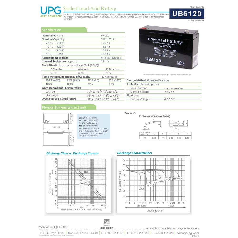 UPG 6-Volt 12 Ah F1 Terminal Sealed Lead Acid (SLA) AGM Rechargeable Battery UB6120