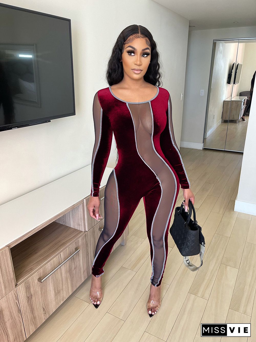 Mesh Stitching Sexy Slim-Fit Jumpsuit