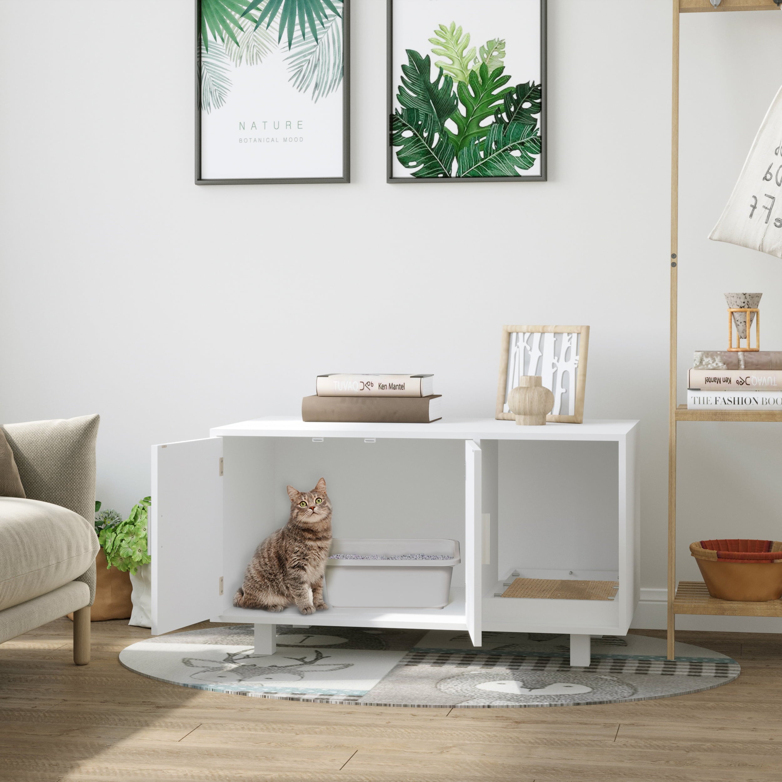 PawHut Cat Litter Box Enclosure and House w/ Nightstand/End Table Design， White