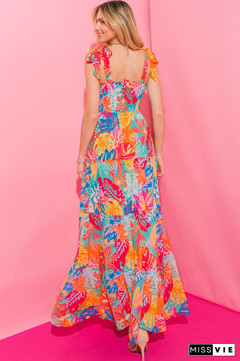 Multicolor Vibrant Tropical Print Smocked Ruffle Tiered Maxi Dress