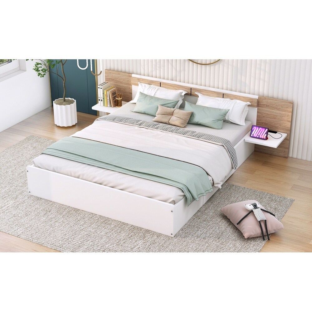 Queen Size Platform Bed with Headboard  Drawers  Shelves  USB Ports and Sockets  White