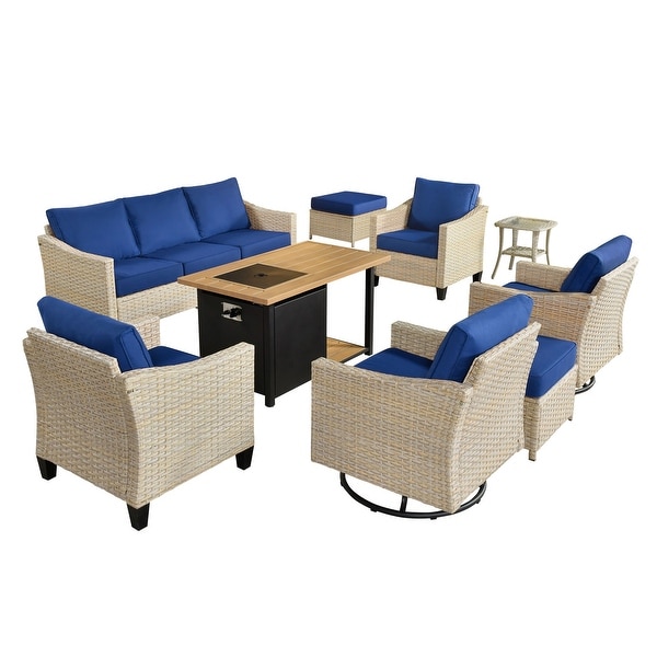 HOOOWOOO Outdoor Patio 9piece Wicker Rattan Furniture Set with Fire Pit Table