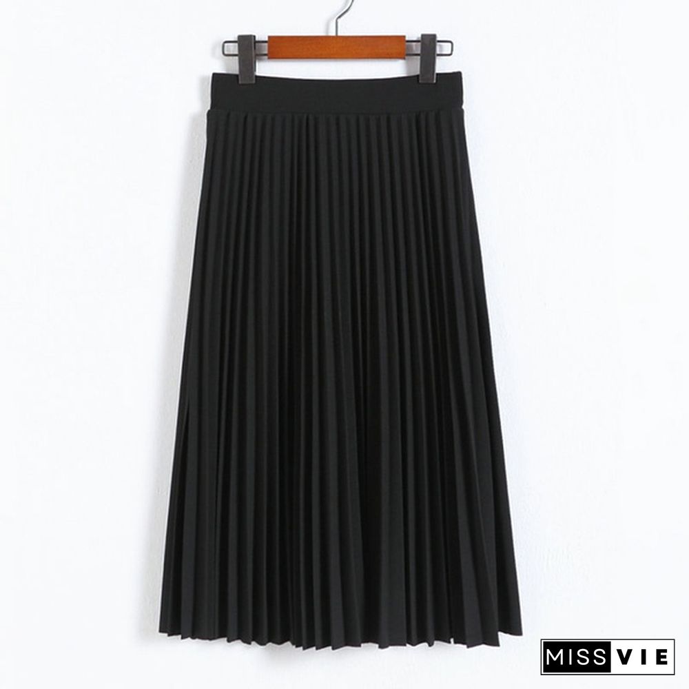 Spring Thick Chiffon Pleated Long Skirt Women Stretch Waist Casual Pink Calf-Length Pleated A-Line Skirt Summer