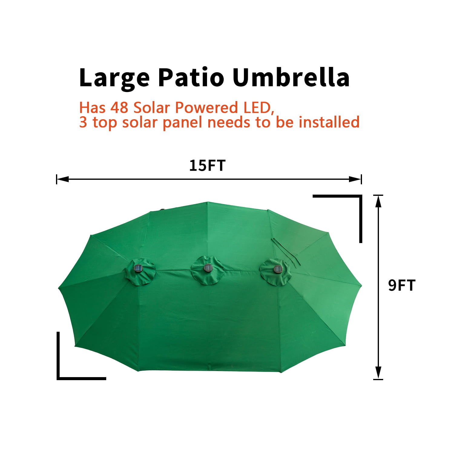 Ainfox 15ft Large Patio Umbrella with Solar Lights, Double-Sided Outdoor Rectangle Table Umbrellas with 48 LED Lights，Green