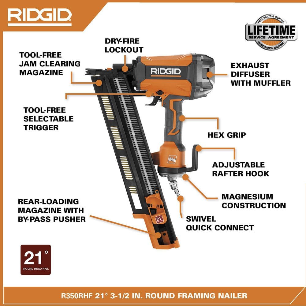 RIDGID Pneumatic 21-Degree 3-1/2 in. Round Head Framing Nailer R350RHF