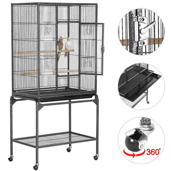 53.7''andnbsp;Metal Rolling Bird Cage with Stand， 4 Feeding Bowls， and 2 Perches， Black