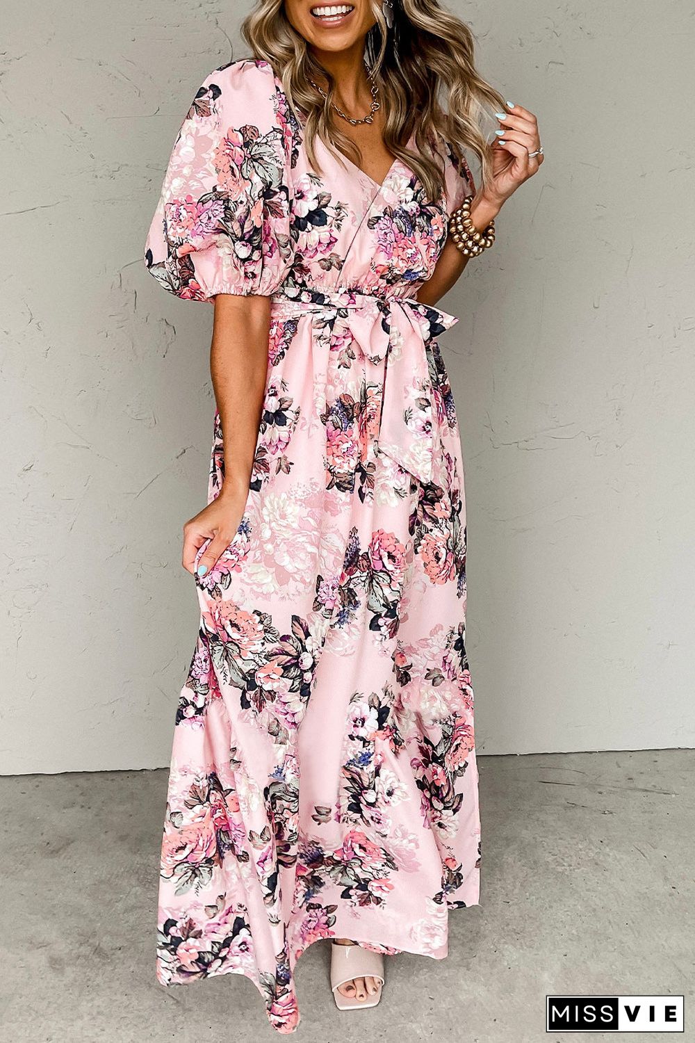 Floral Puff Sleeve High Waist Maxi Dress