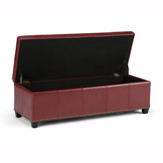 Simpli Home Kingsley 48 in. Transitional Storage Ottoman in Radicchio Red Bonded Leather 3AXCOT-240-RRD