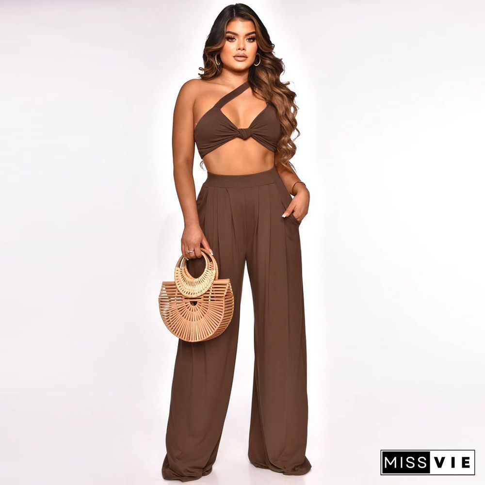 Skew Collar Crop Top Wide Leg Pants Two Piece Set