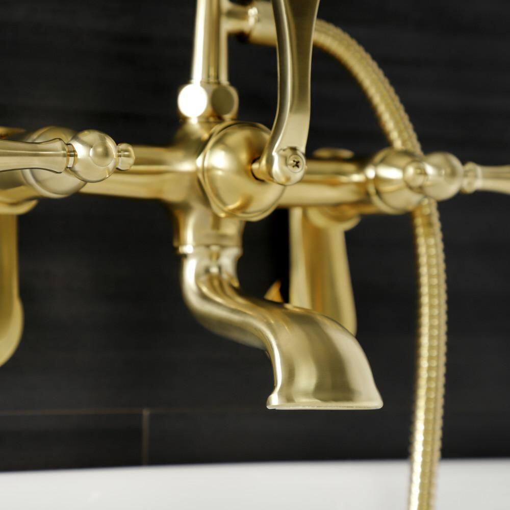 Kingston Brass Aqua Vintage 3-Handle Wall-Mount Clawfoot Tub Faucets with Hand Shower in Brushed Brass HAE51T7