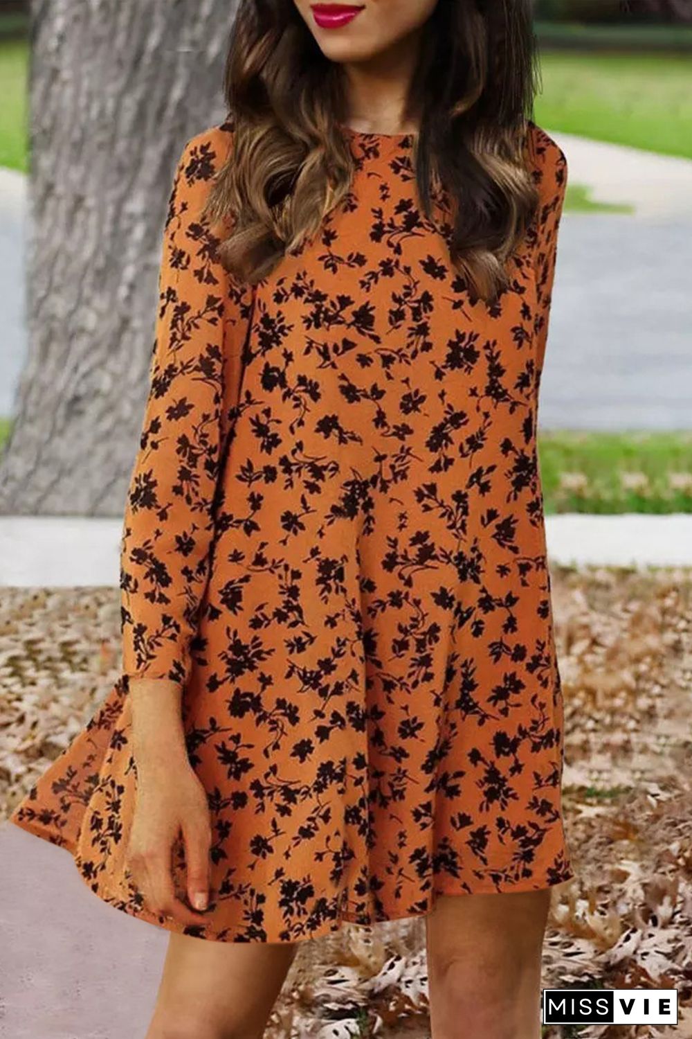 Orange Floral Print O-neck Long Sleeve Mini Dress