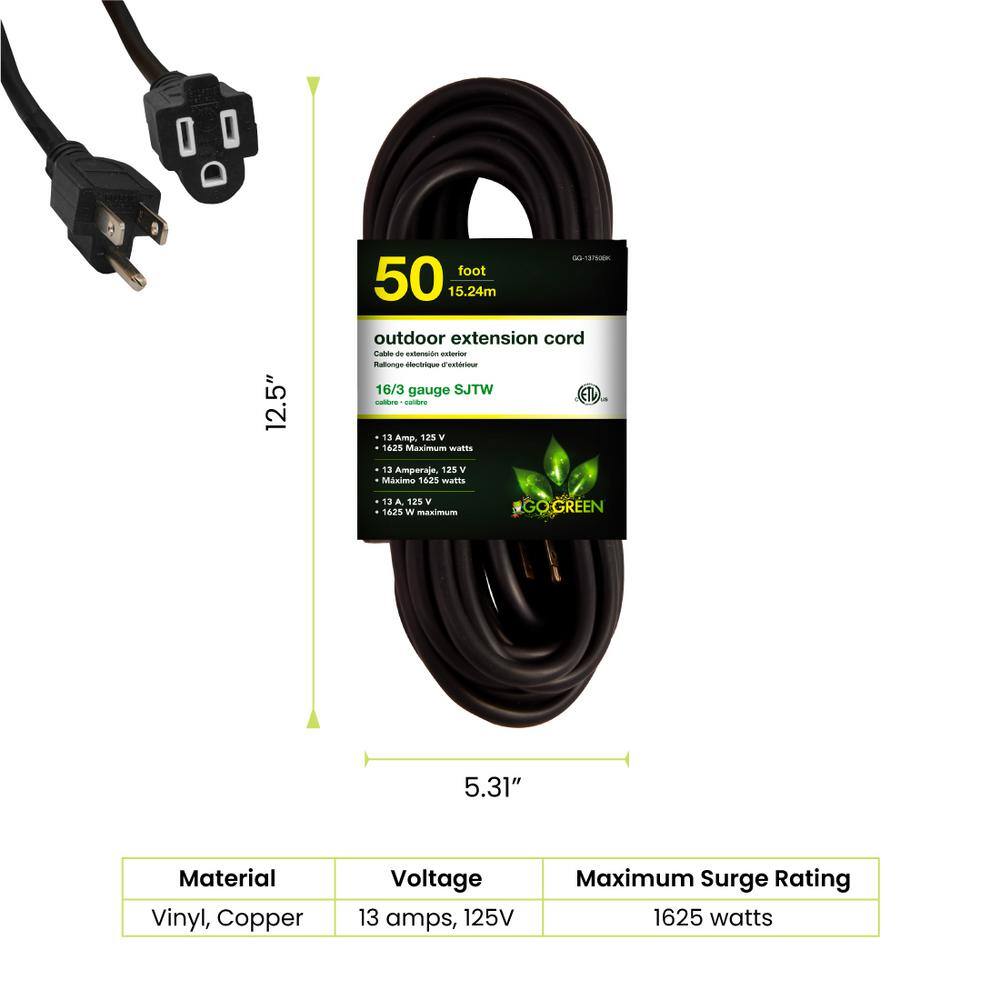 GoGreen Power 50 ft. 163 SJTW Outdoor Extension Cord - Black GG-13750BK