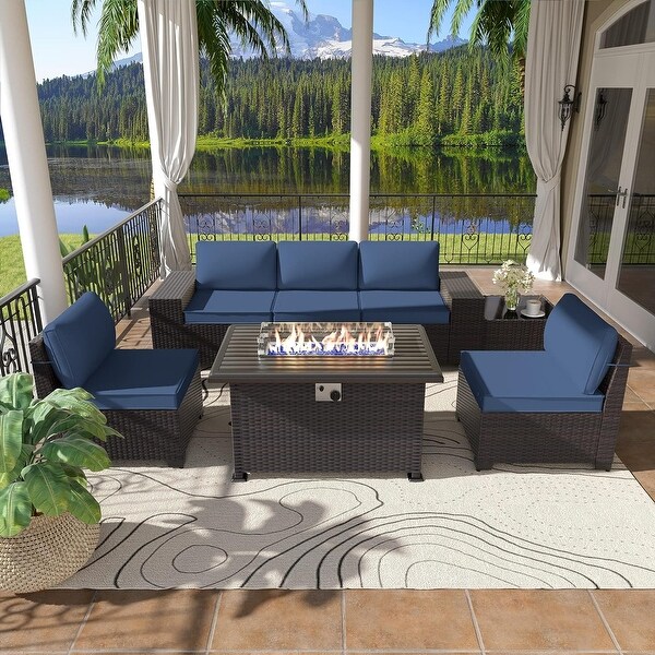 Kullavik 7 Pieces Rattan Outdoor Patio Furniture Sofa Set with Firepit