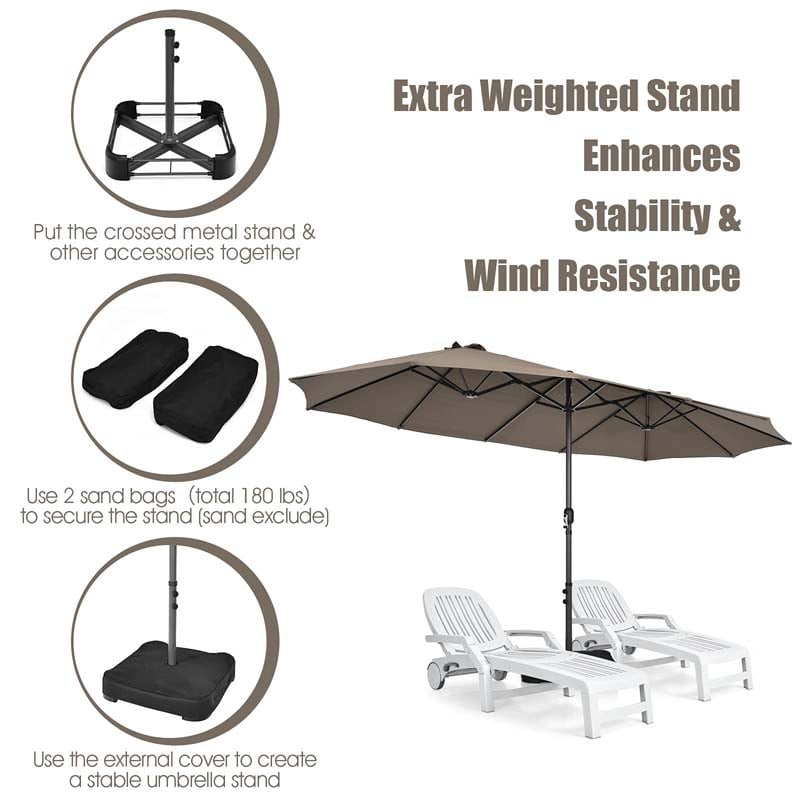 15FT Double-Sided Twin Patio Umbrella with Base & Crank System, Extra-Large Cantilever Market Umbrella