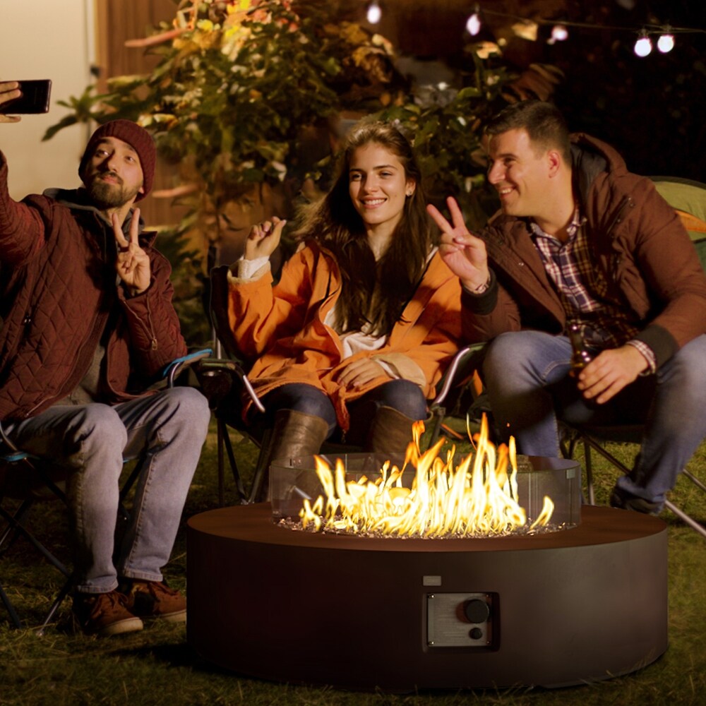 COSIEST Outdoor Round Propane Fire Pit w Wind Guard and Fire Glass