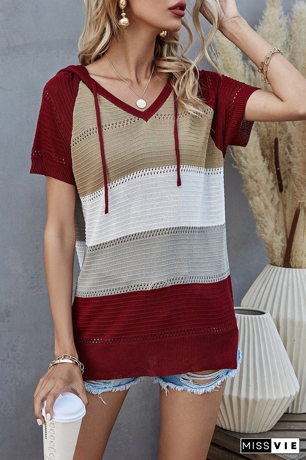 Colorblock Knitted Short Sleeve Hooded T-Shirt