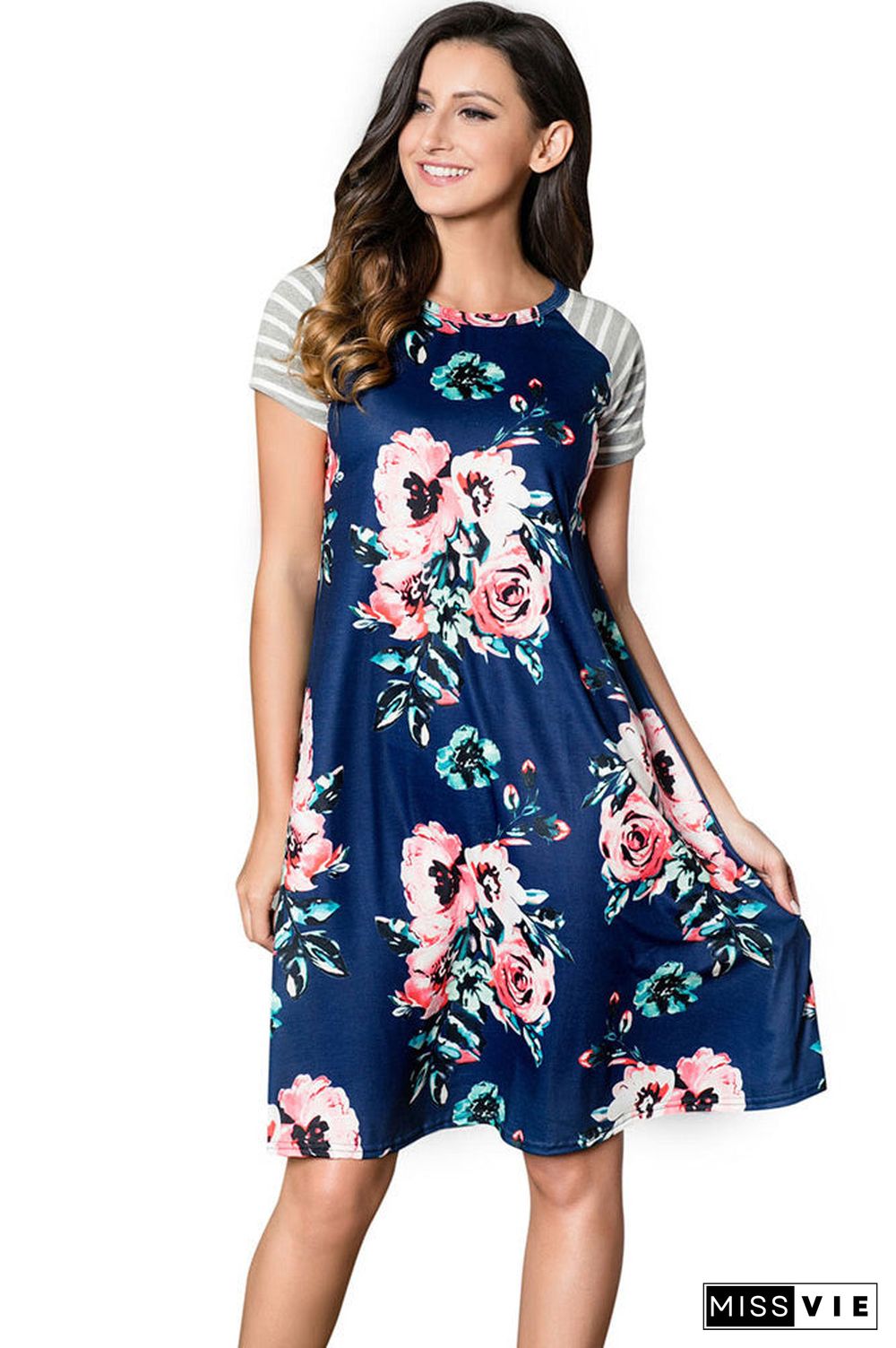 Floral Round Neck Short Sleeve Panel Dress