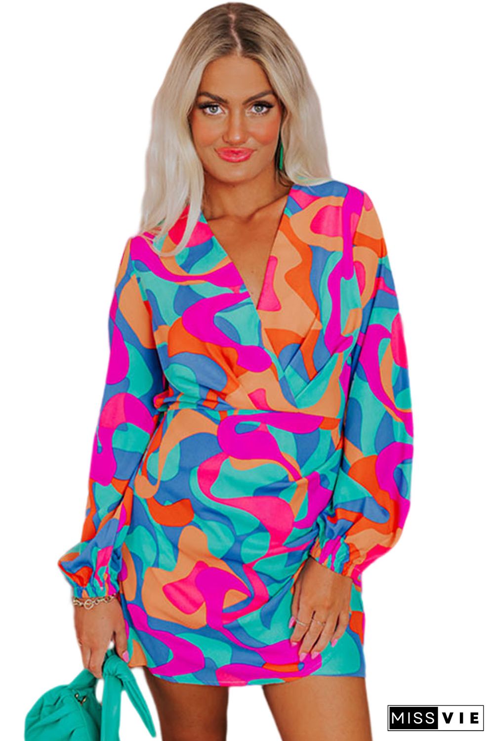 Multicolor Abstract Print Wrap V Neck Puff Sleeve Dress