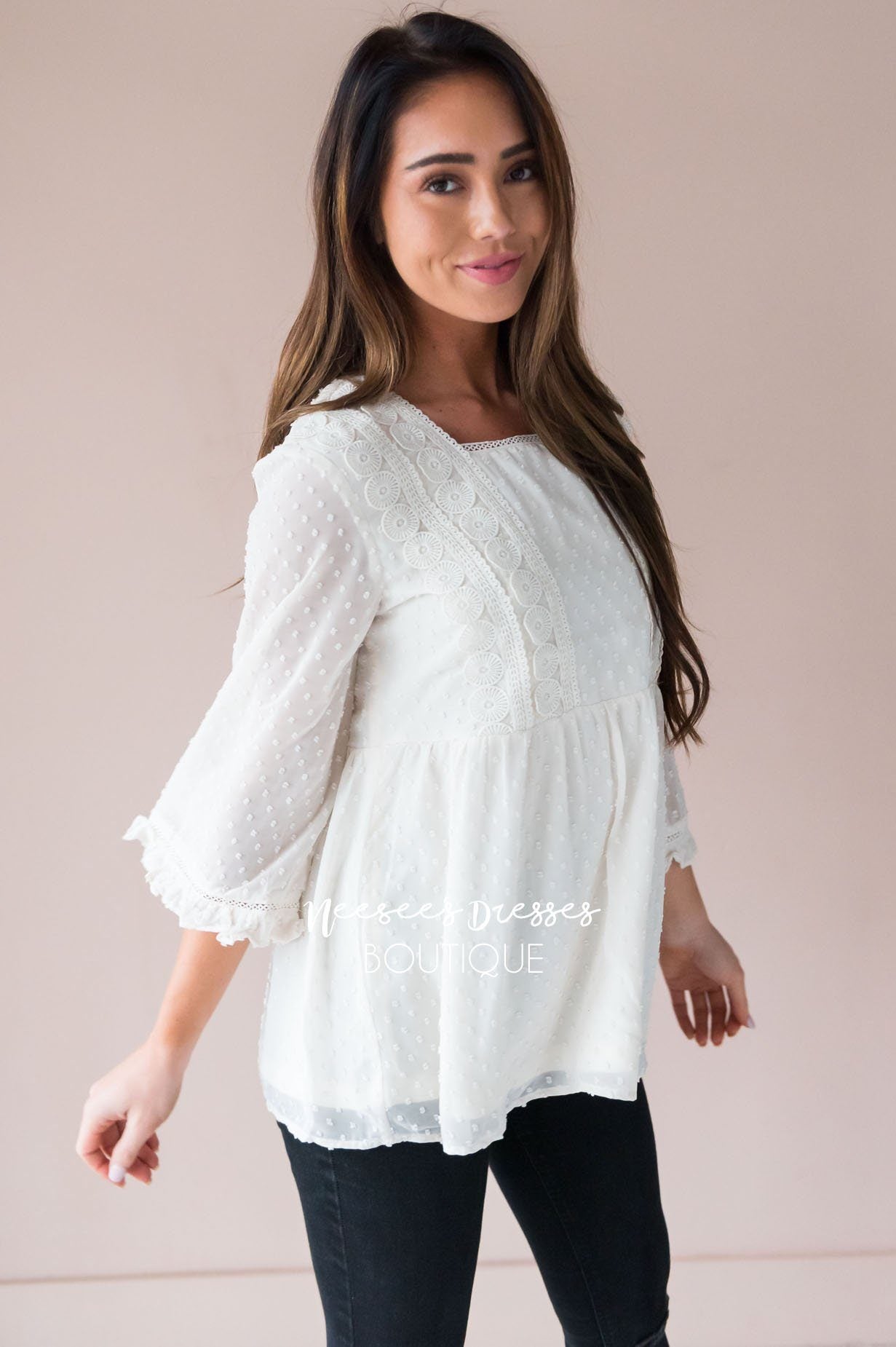 Dotted Crochet Trim Gathered Waist Blouse