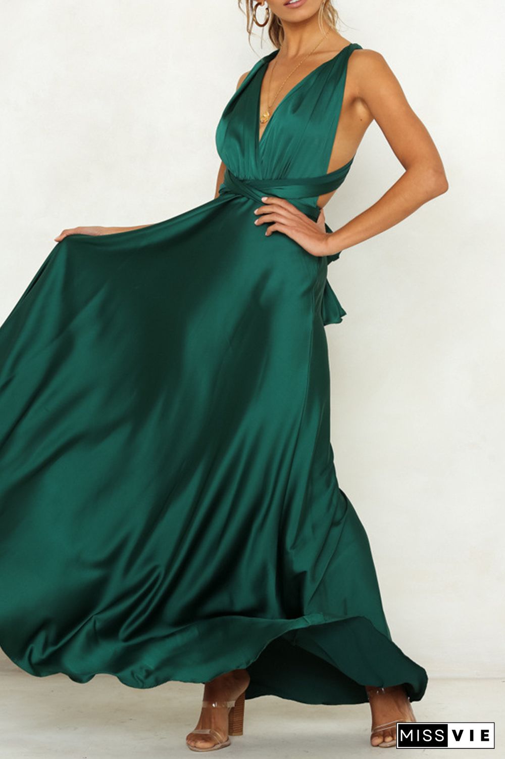 Celebrities Elegant Solid Backless Strap Design V Neck Evening Dress