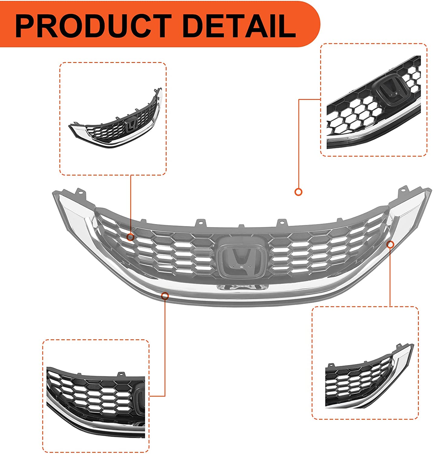 ECOTRIC Front Bumper Grille Black w/Molding for 2013 2014 2015 Honda Civic Sedan Replaces HO1200216 HO1202109 71121TR3A01 71122TR3A01