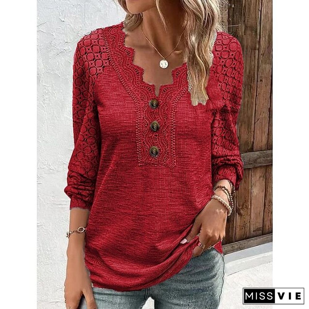 Women's T shirt Tee Plain Black White Red Lace Long Sleeve Daily Weekend Elegant Fashion Basic V Neck Regular Fit Fall & Winter