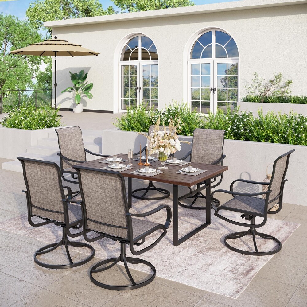 7 Piece Patio Dining Sets Wood grain Pattern U shaped leg Table   Textilene Swivel Chairs