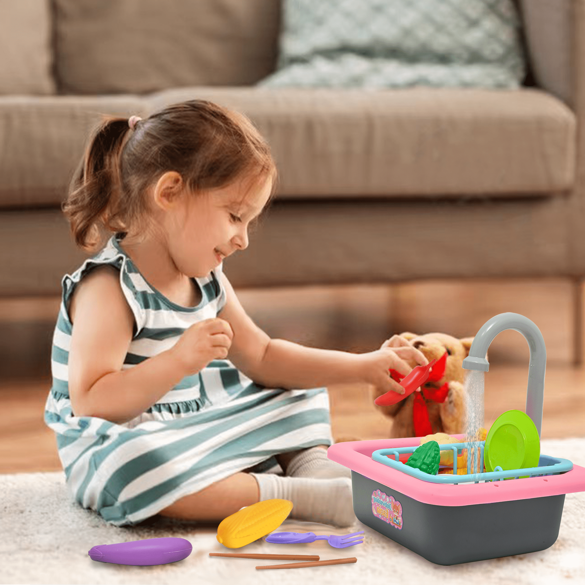 Kitchen Sink Toys - Play Sink with Running Water, Kids Pretend Play Kitchen Toy Sink for Girl, Role Play Electronic Dishwasher Kitchen Water Toys Set