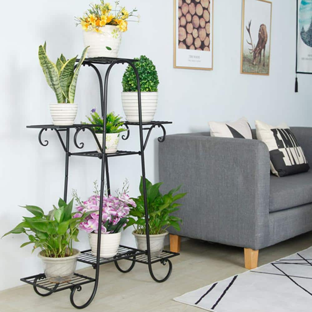 YIYIBYUS 30 in. x 40 in. Multiple Outdoor Indoor Black Wrought Iron Flower Pot Holder Plants Display Rack Corner Planter HG-HCXLST-3224