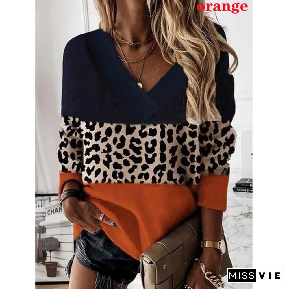 Women's Fashion Loose Casual Long Sleeve Leopard Print Floral Print V Neck Spring and Autumn Tops Blouses Pullover Plus Size