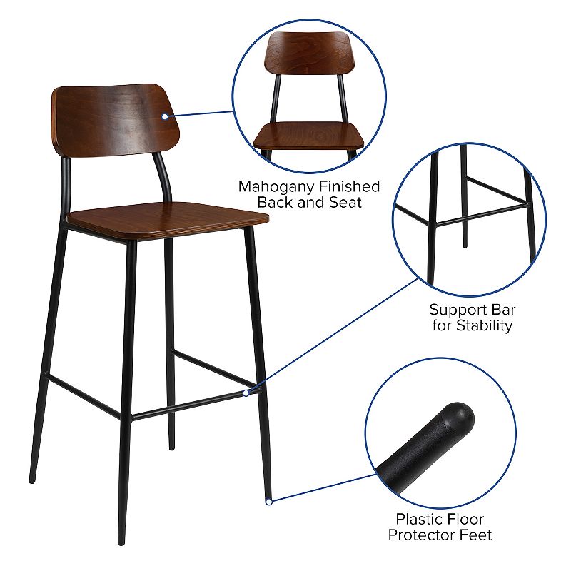 Merrick Lane Copenhagen Industrial Bar and Kitchen Stool with Gunmetal Steel Frame and Wood Seat