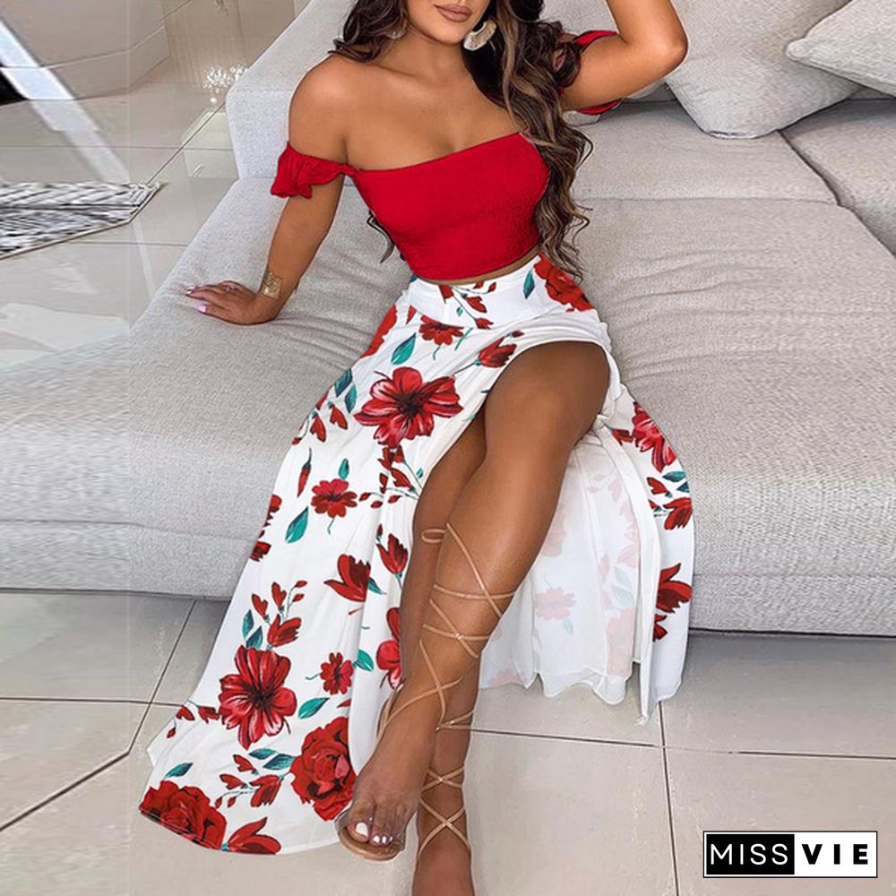 New Summer Women Dress Elegant Two Pieces Sets Offshoulder Flower Printed Skirt Split Party Dress Sexy Dress Set Suit Outfit Plus Size