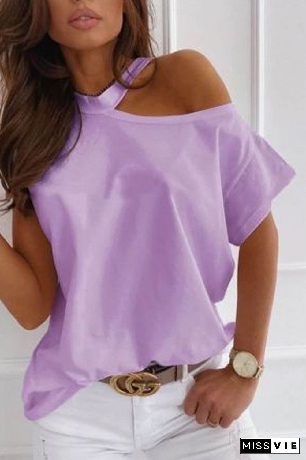 Light Purple Solid Color Off Shoulder Short Sleeve Tee