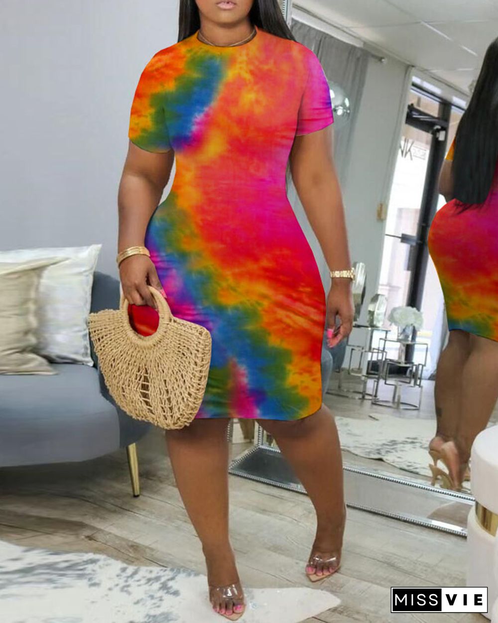 Short Sleeve O-neck Tie Dye Print T-shirt Dress