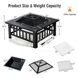 Gymax 32 in. 3-In-1 Outdoor Square Fire Pit Table with BBQ Grill Rain Cover for Camping GYM08940