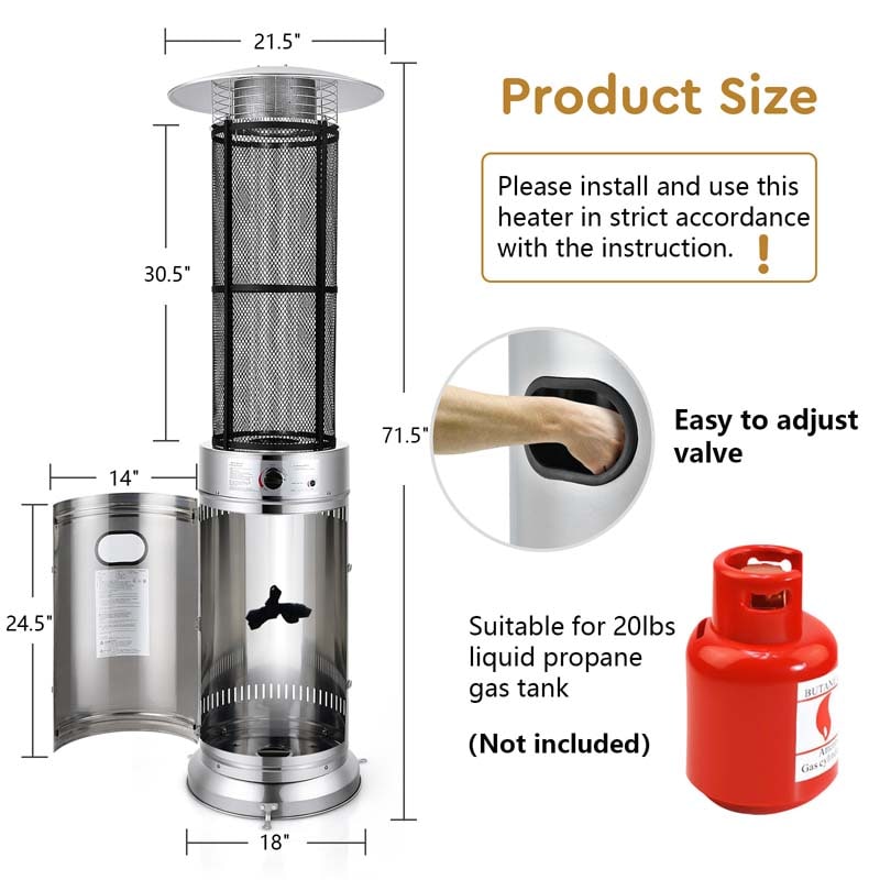 34,000BTU Standing Propane Patio Heater with Wheels, Stainless Steel Round Glass Tube Gas Outdoor Heater