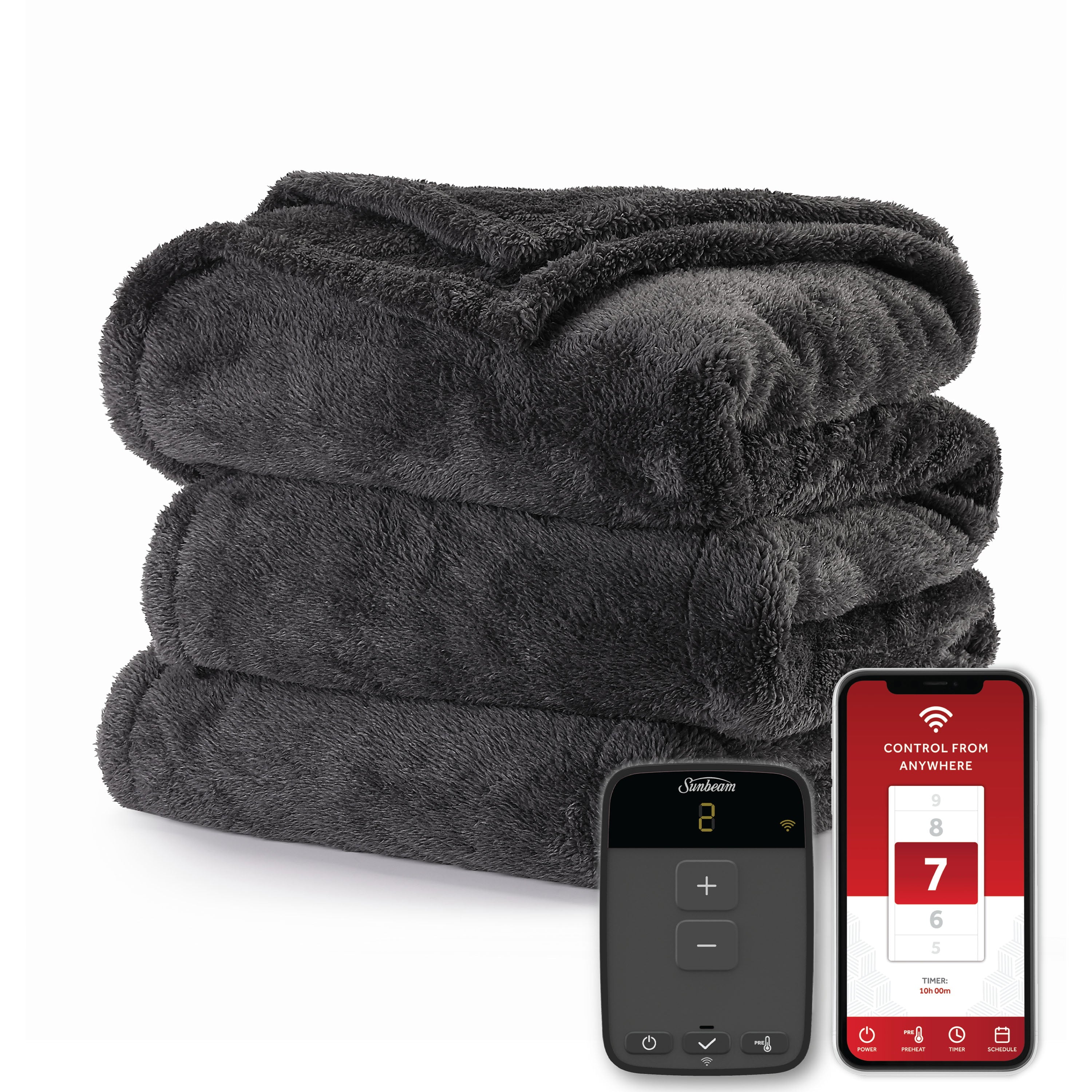 Sunbeam Connected WiFi Heated Blanket， WiFi Electric Blanket， Lofttec， Slate Grey， Full