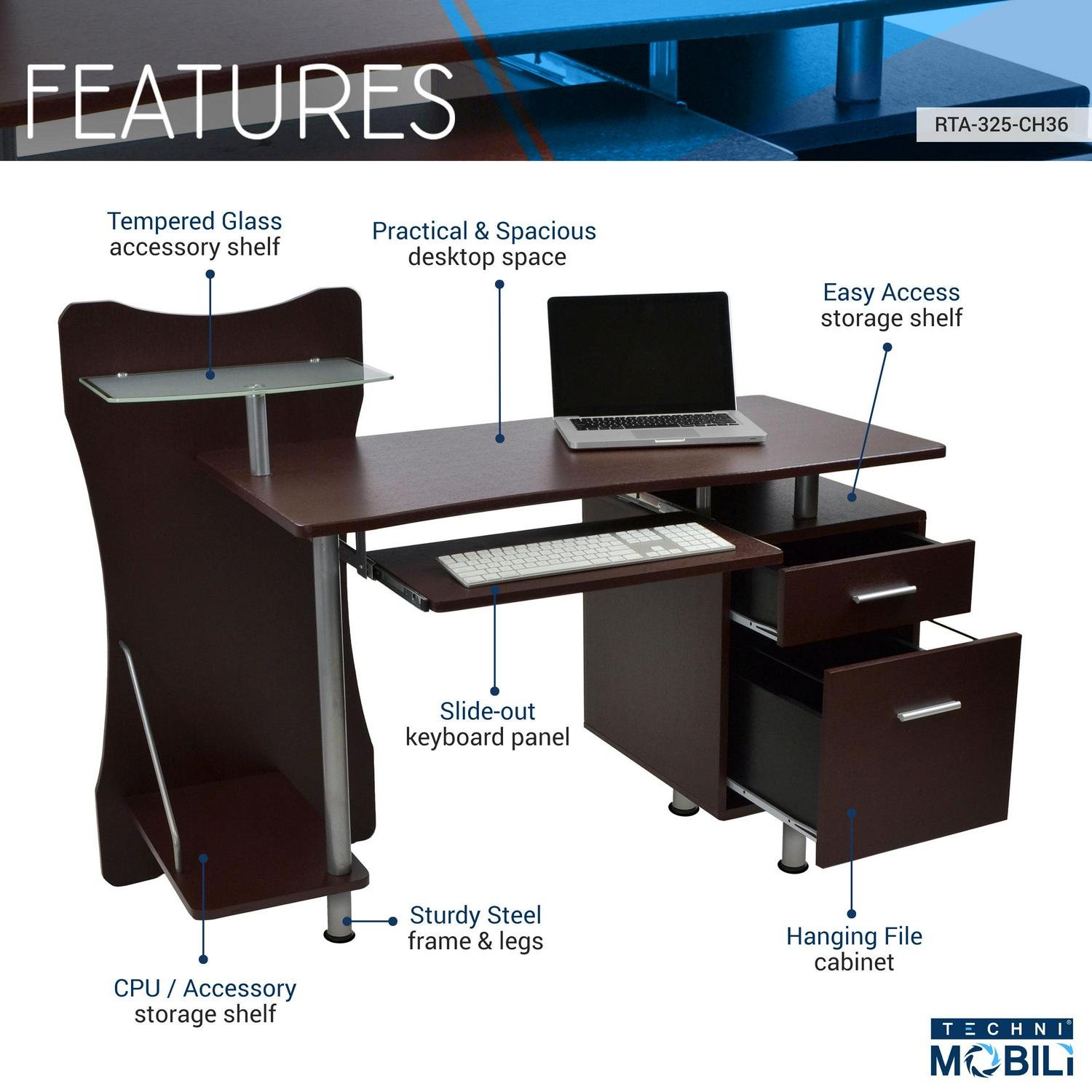 Techni Mobili Stylish Computer Desk with Storage， Chocolate