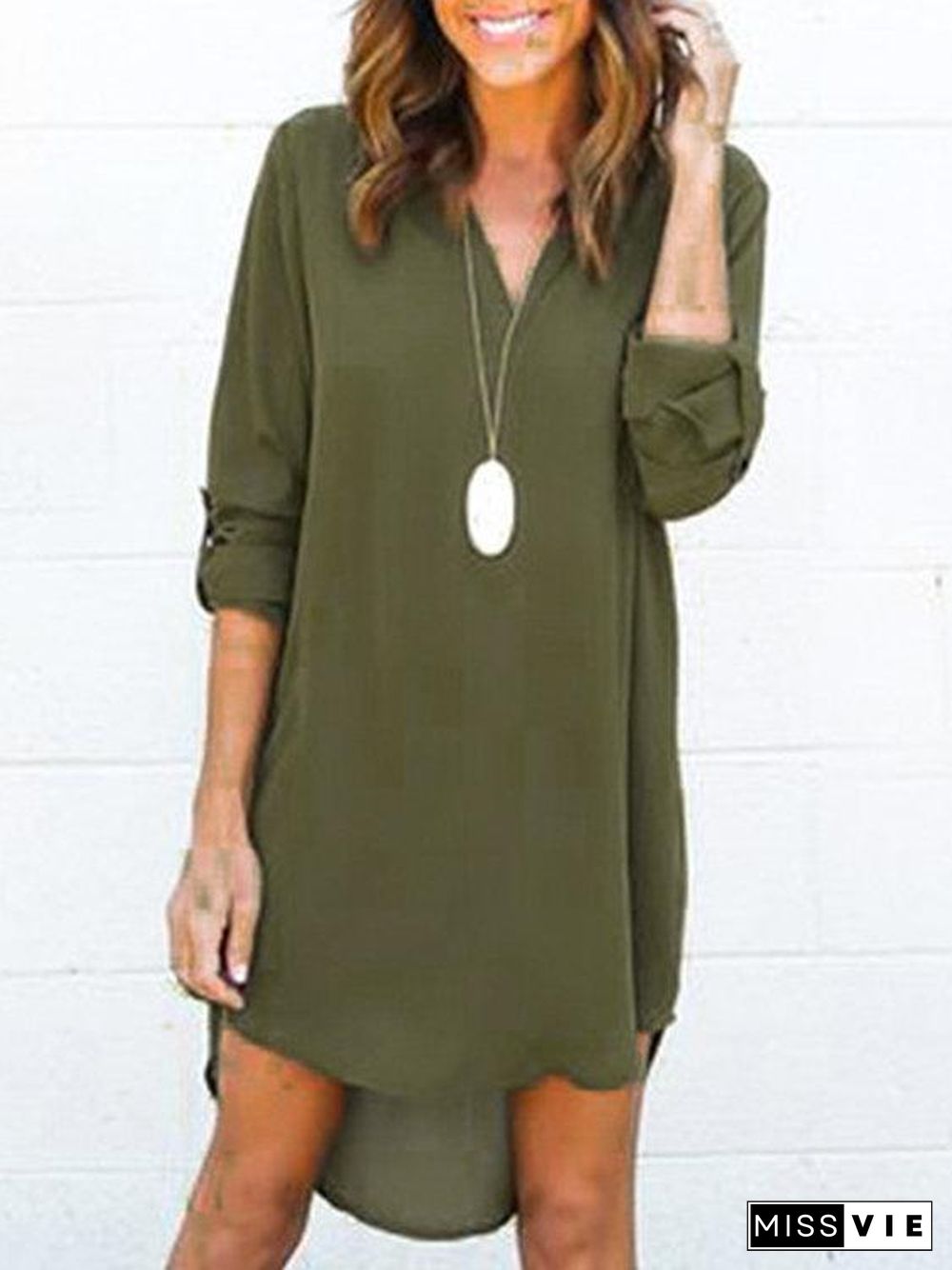 Grey V-Neck Long Sleeves Irregular Hem Chiffon Dress