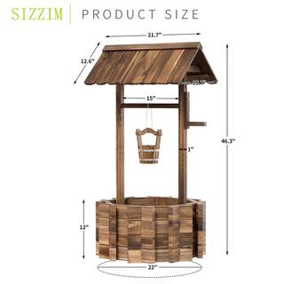 Sizzim Outdoor Wishing Well Wooden Planter with Hanging Bucket for Garden Patio Yard Decor Upgrade - Reinforced Base SM-28002