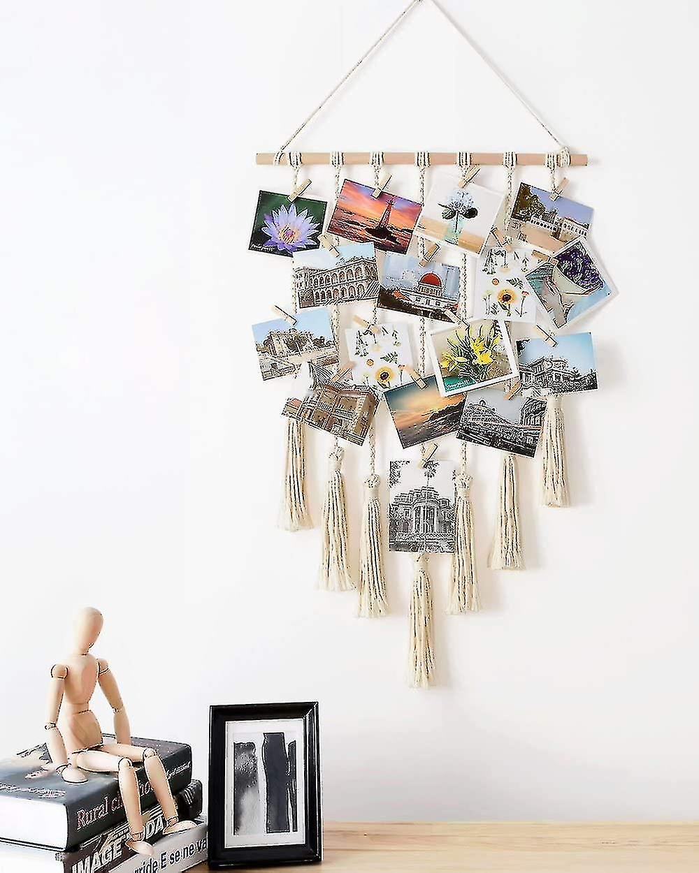 Fong Hanging Photo Display Macrame Wall Hanging Pictures Decor Boho Chic Home Decoration For Apartment Bedroom Living Room Gallery， With 25pcs Wooden