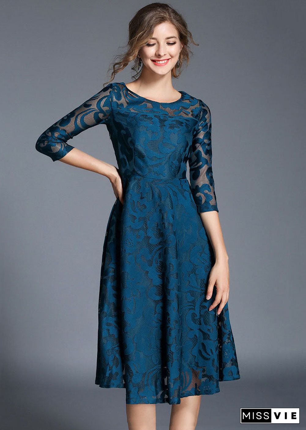 Women Blue Jacquard Wrinkled Patchwork Lace Mid Dress Summer