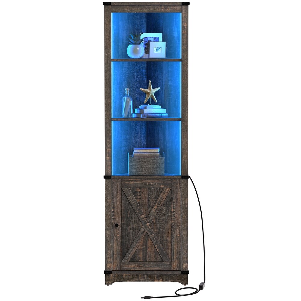 Moasis LED Corner Storage Cabinet with Light Farmhouse Tall Corner Cabinet with Barn Door Design